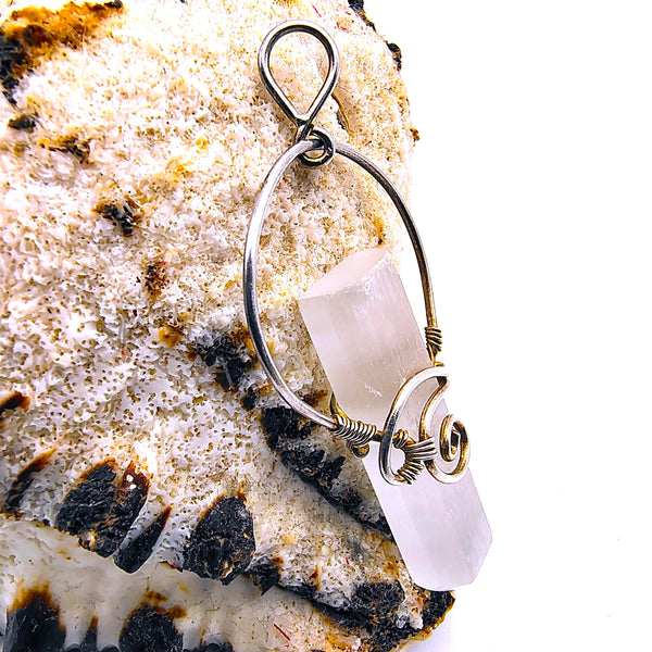 Selenite Raw Point Pendant  Wire Wrapped Sterling Silver
