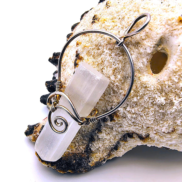 Selenite Raw Point Pendant  Wire Wrapped Sterling Silver