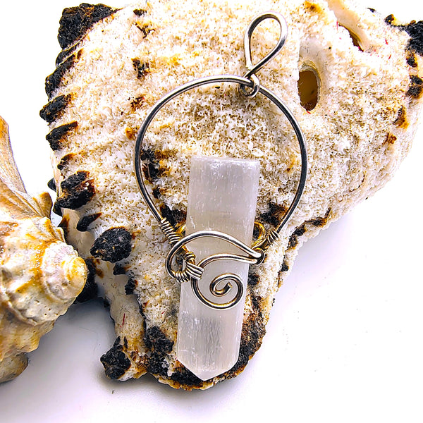 Selenite Raw Point Pendant  Wire Wrapped Sterling Silver