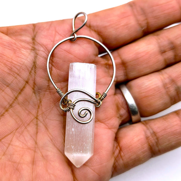 Selenite Raw Point Pendant  Wire Wrapped Sterling Silver