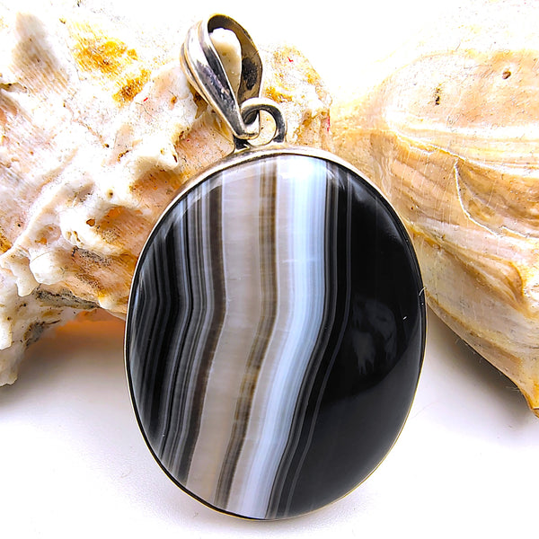 Banded Black Onyx Pendant Sterling Silver