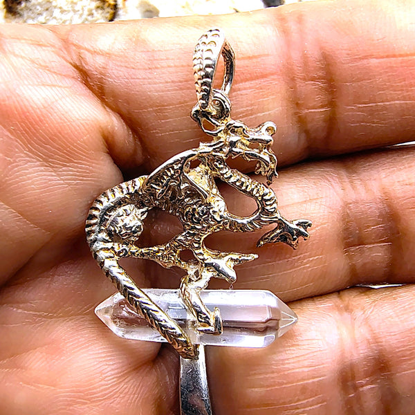 Clear Quartz Mythical Dragon Pendant Sterling Silver