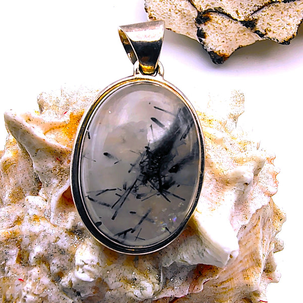 Tourmalinated Quartz Oval shape Pendant Sterling Silver