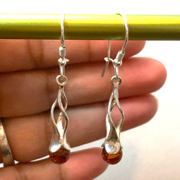 Drop Earrings Cognac Sphere Baltic Amber Sterling Silver