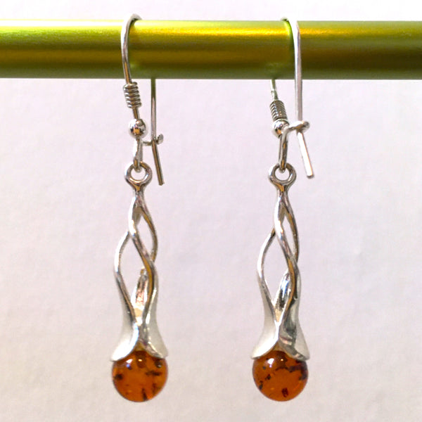 Drop Earrings Cognac Sphere Baltic Amber Sterling Silver