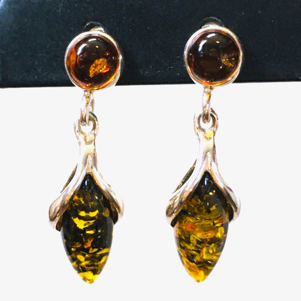 Drop Earrings Cognac & Green Amber Sterling Silver