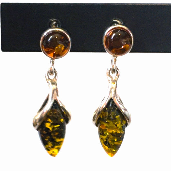 Drop Earrings Cognac & Green Amber Sterling Silver