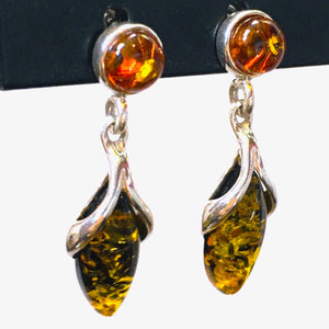 Drop Earrings Cognac & Green Amber Sterling Silver