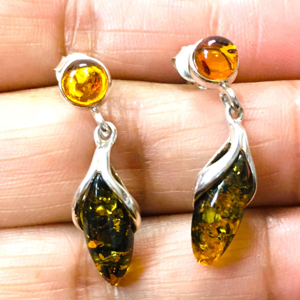 Drop Earrings Cognac & Green Amber Sterling Silver