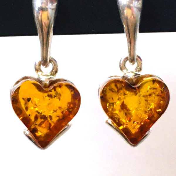 Heart Drop Earrings Cognac Amber Sterling Silver