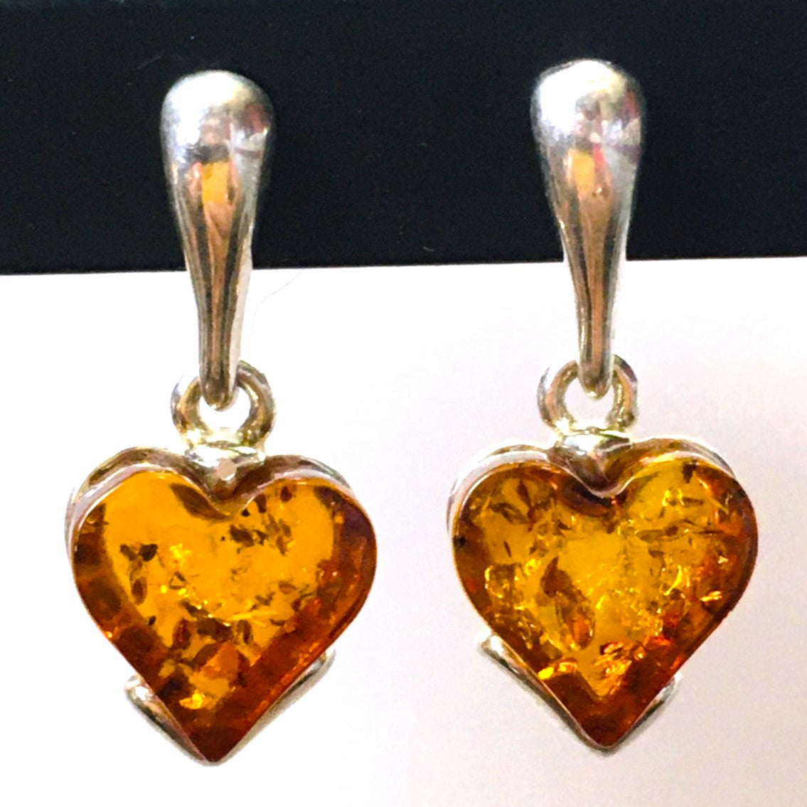 Heart Drop Earrings Cognac Amber Sterling Silver