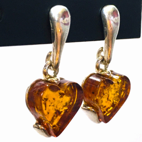 Heart Drop Earrings Cognac Amber Sterling Silver
