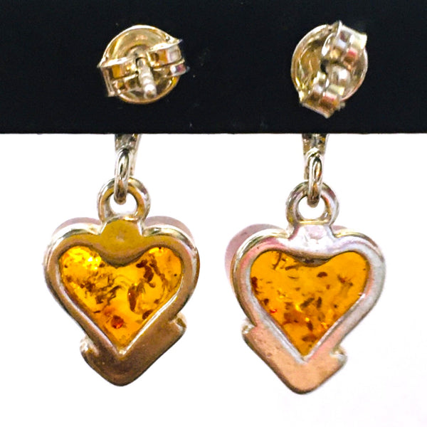 Heart Drop Earrings Cognac Amber Sterling Silver
