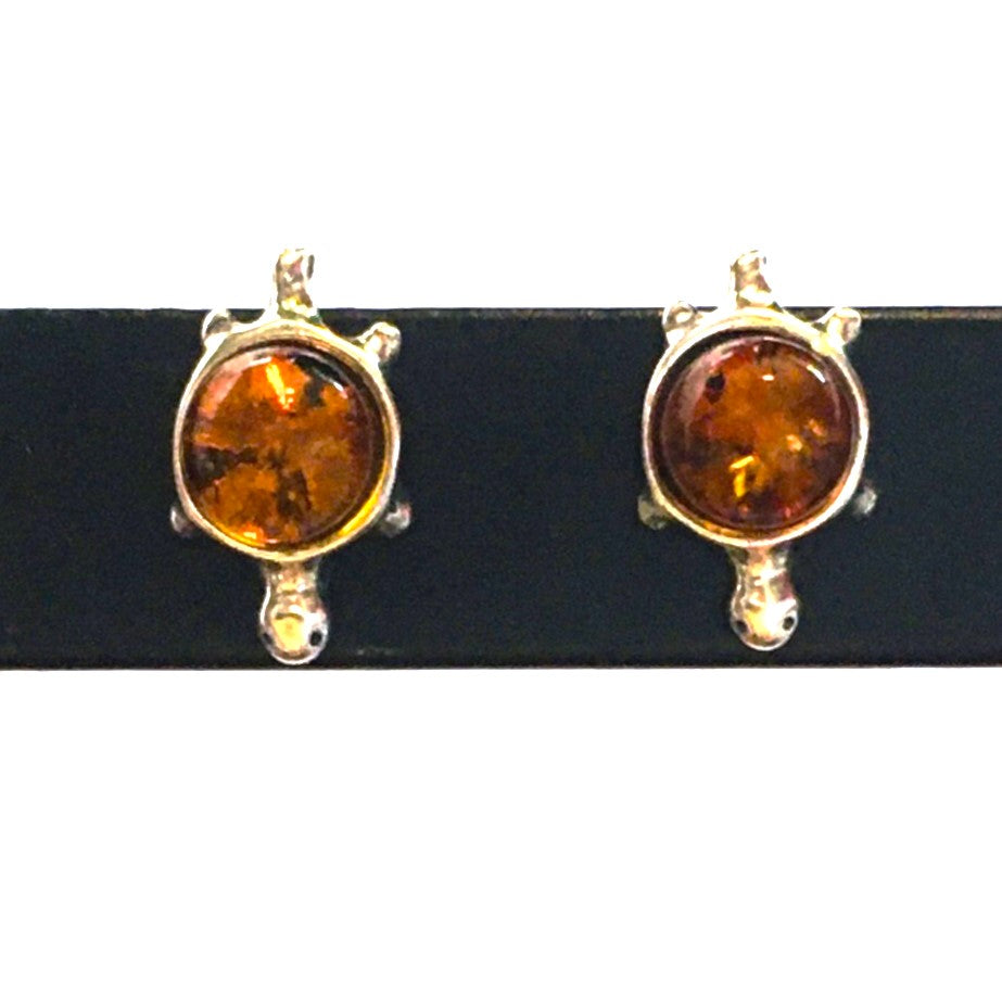 Turtle Earrings Cognac Amber Sterling Silver
