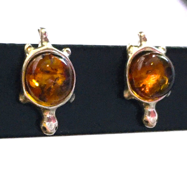 Turtle Earrings Cognac Amber Sterling Silver