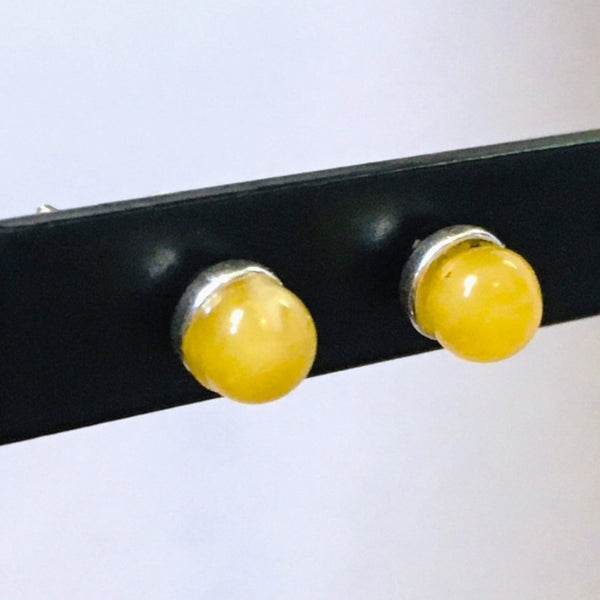 Minimalistic small stud Earrings Yellow Amber Sterling Silver