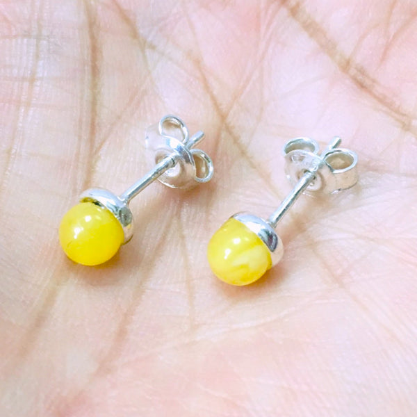 Minimalistic small stud Earrings Yellow Amber Sterling Silver