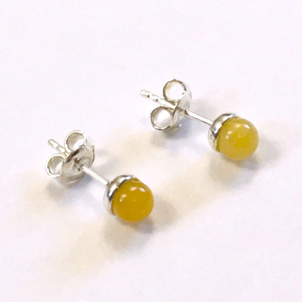 Minimalistic small stud Earrings Yellow Amber Sterling Silver