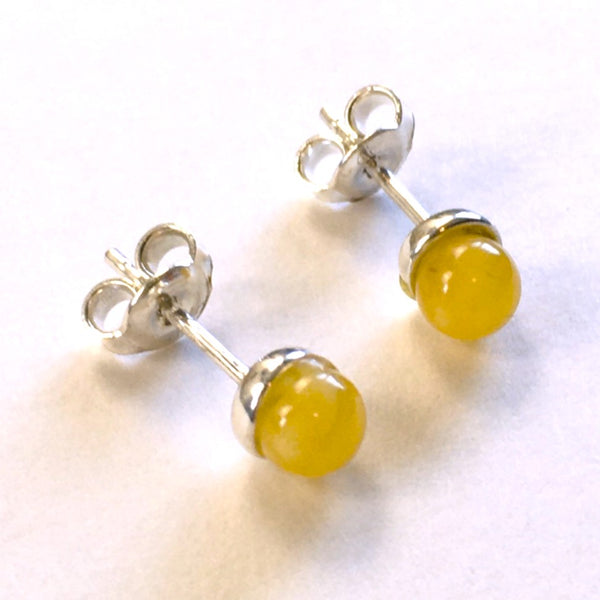 Minimalistic small stud Earrings Yellow Amber Sterling Silver