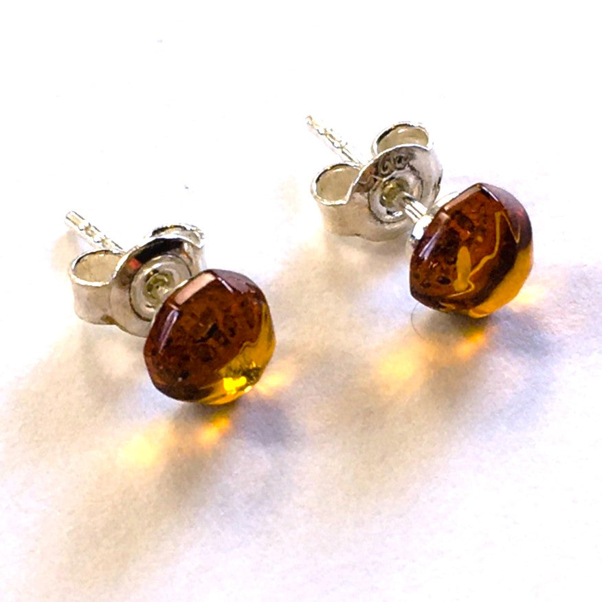 Small stud Earrings Cognac Amber Sterling Silver