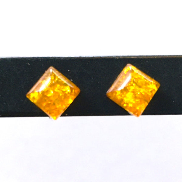 Square small stud Earrings Honey Amber Sterling Silver