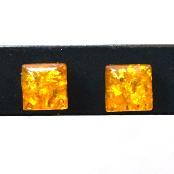 Square small stud Earrings Honey Amber Sterling Silver