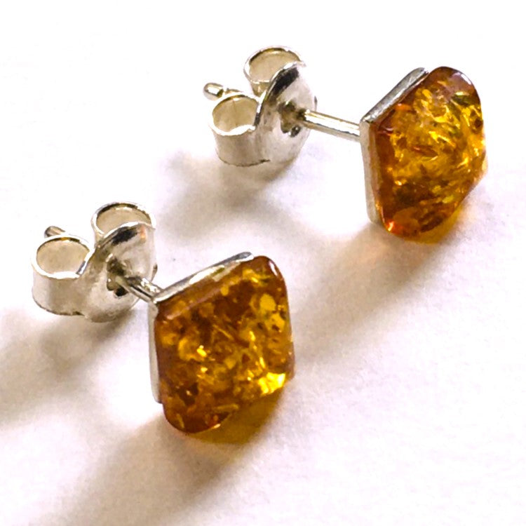 Square small stud Earrings Honey Amber Sterling Silver