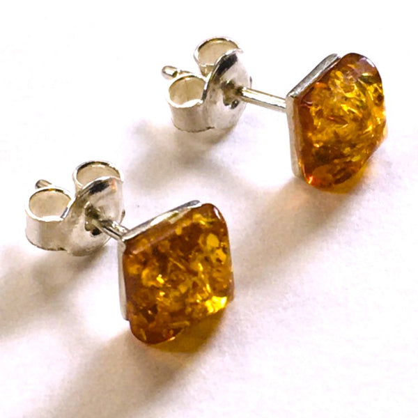 Square small stud Earrings Honey Amber Sterling Silver