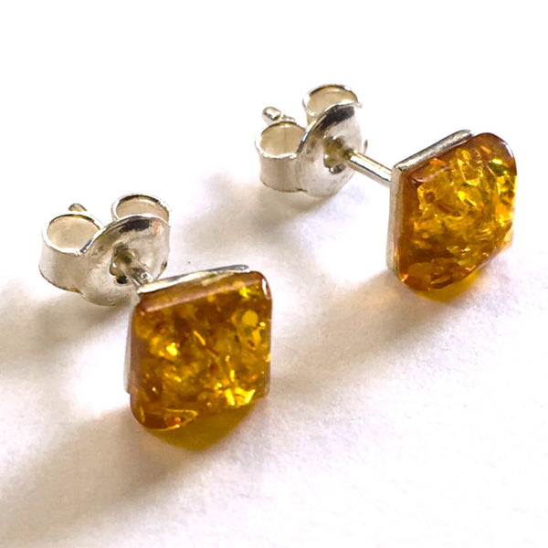 Square small stud Earrings Honey Amber Sterling Silver