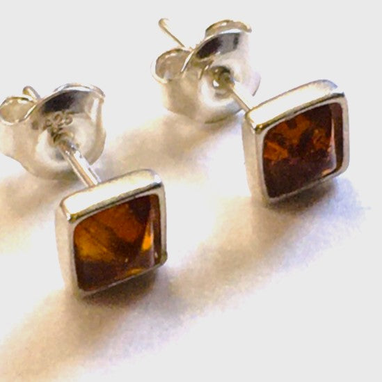 Square mini stud Earrings Honey Amber Sterling Silver