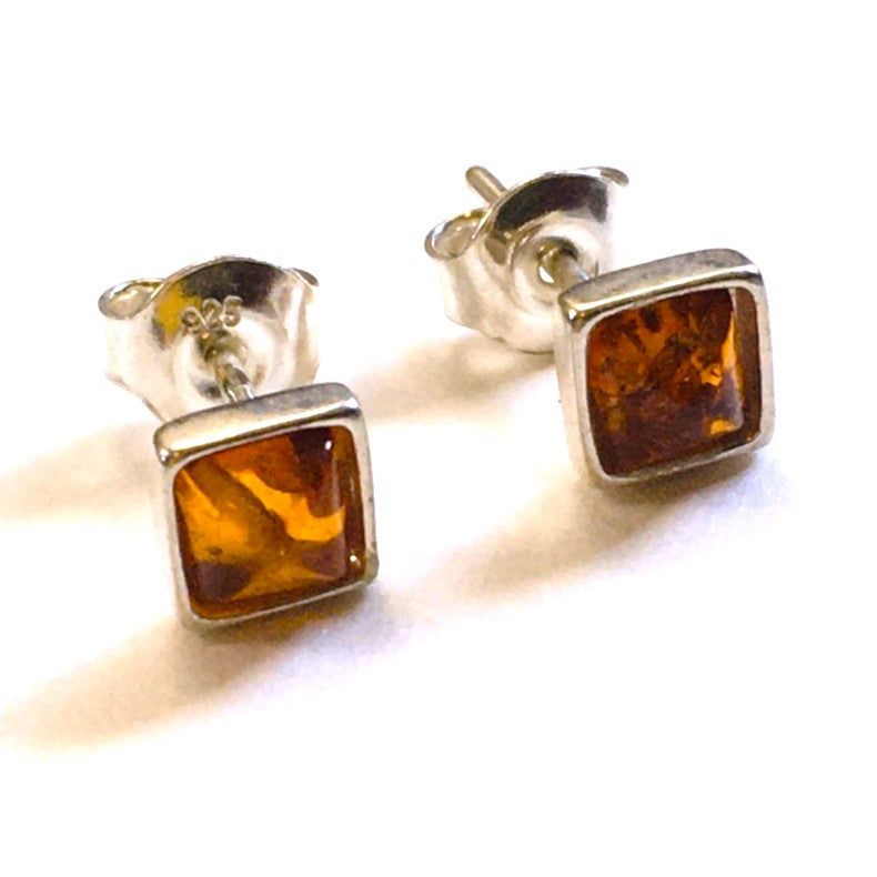 Square mini stud Earrings Honey Amber Sterling Silver