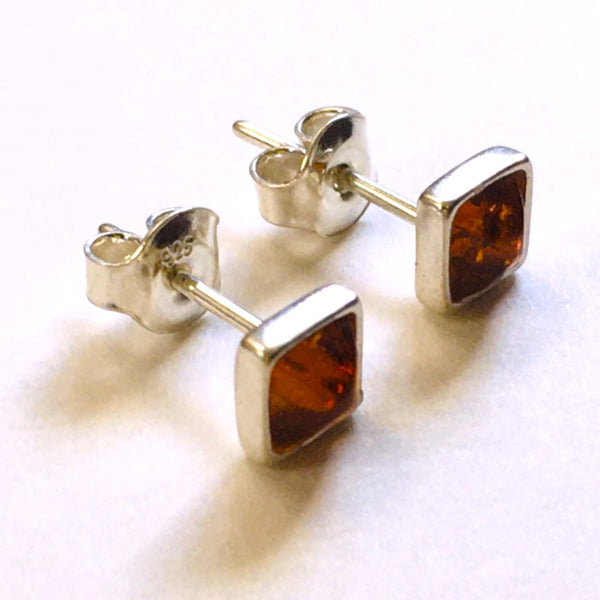 Square mini stud Earrings Honey Amber Sterling Silver