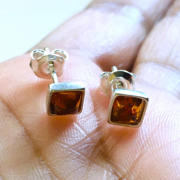 Square mini stud Earrings Honey Amber Sterling Silver