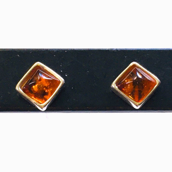 Square mini stud Earrings Honey Amber Sterling Silver