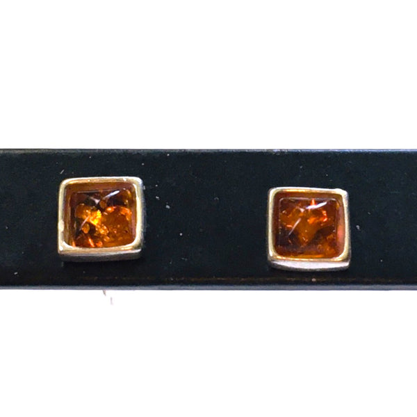 Square mini stud Earrings Honey Amber Sterling Silver