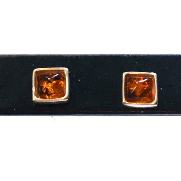 Square mini stud Earrings Honey Amber Sterling Silver