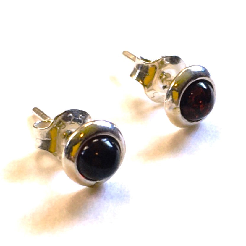 Round mini stud Earrings Cognac Amber Sterling Silver
