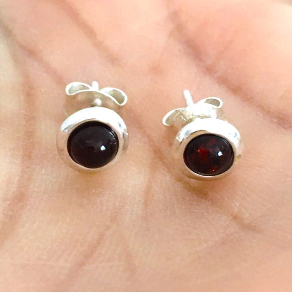 Round mini stud Earrings Cognac Amber Sterling Silver