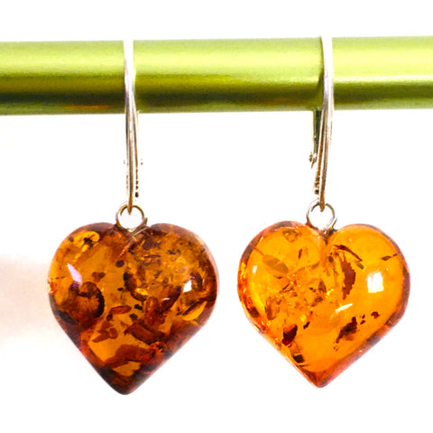 Heart Puffy Drop Earrings Cognac Amber Sterling Silver