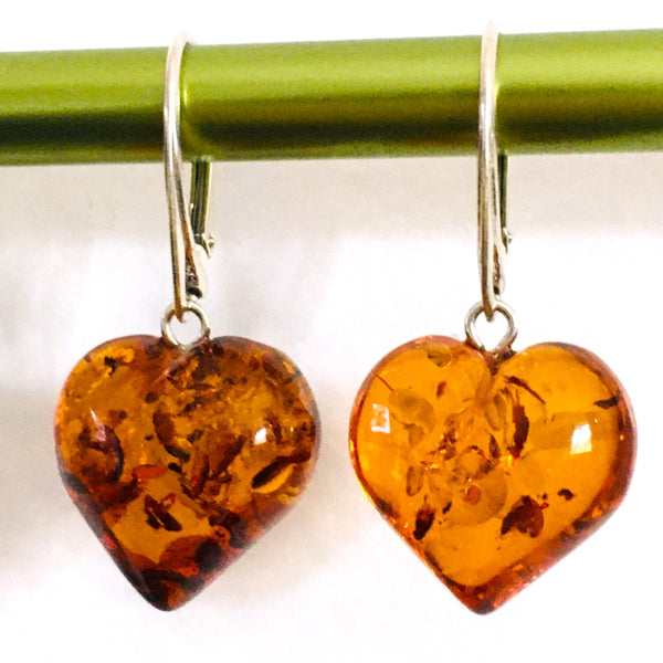 Heart Puffy Drop Earrings Cognac Amber Sterling Silver