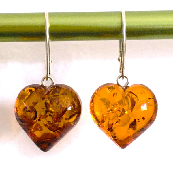 Heart Puffy Drop Earrings Cognac Amber Sterling Silver