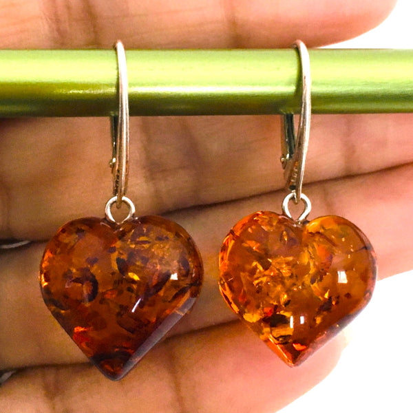 Heart Puffy Drop Earrings Cognac Amber Sterling Silver