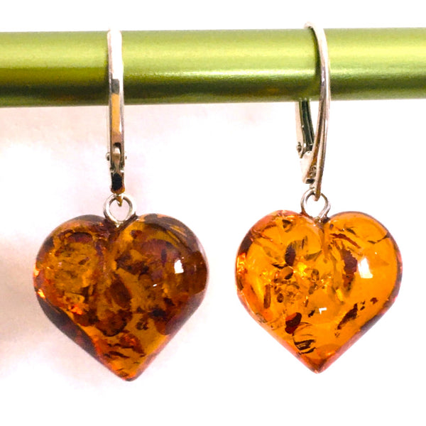 Heart Puffy Drop Earrings Cognac Amber Sterling Silver