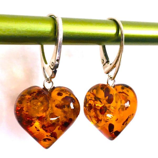 Heart Puffy Drop Earrings Cognac Amber Sterling Silver