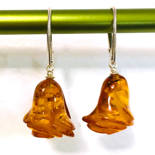 Rose Flower Earrings Cognac Amber Sterling Silver