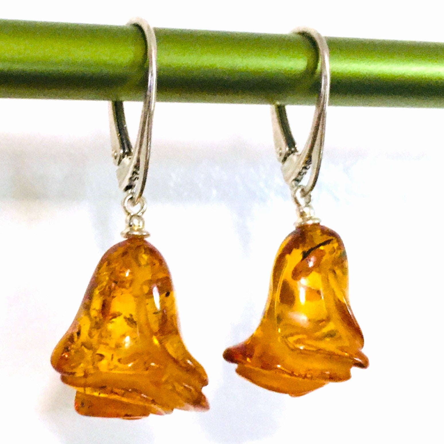 Rose Flower Earrings Cognac Amber Sterling Silver