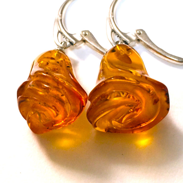 Rose Flower Earrings Cognac Amber Sterling Silver