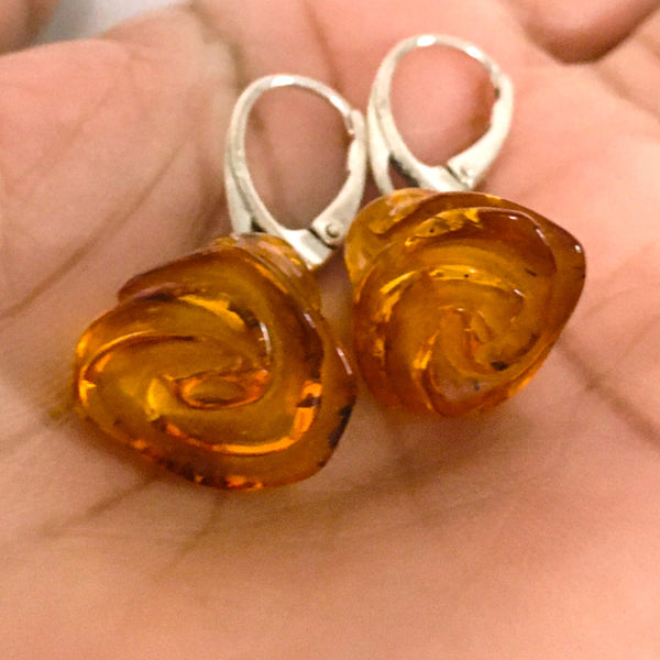 Rose Flower Earrings Cognac Amber Sterling Silver