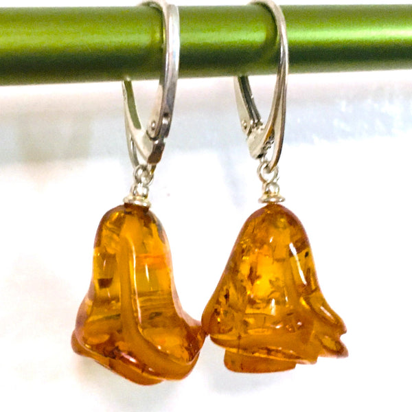 Rose Flower Earrings Cognac Amber Sterling Silver