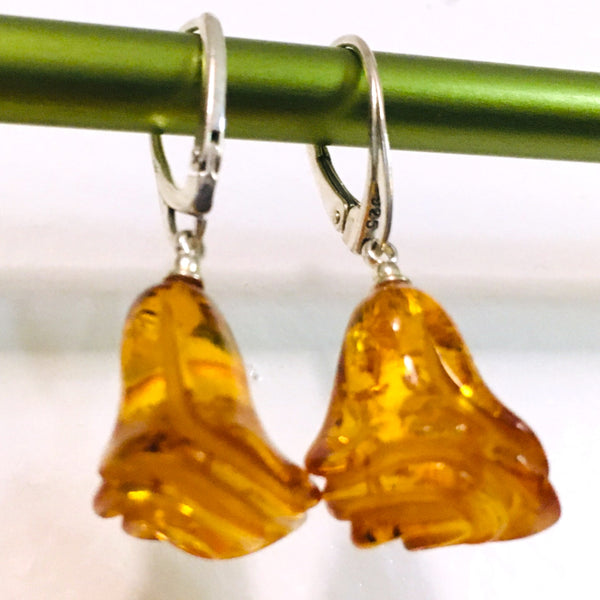 Rose Flower Earrings Cognac Amber Sterling Silver